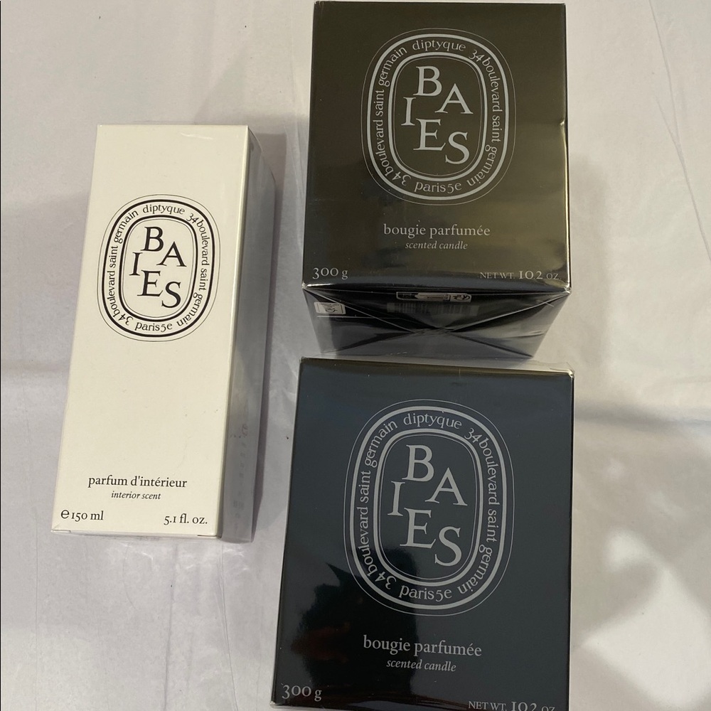 Diptyque 3 EMPTY BAIES boxes: 2 300 g candle boxes, 1 150 ml room spray box